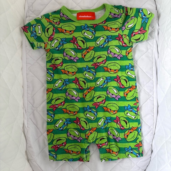 ⭒ 6-12M Nickelodeon Two Ninja Turtles 2015 Green Rompers Pyjamas Striped ⭒ - Picture 6 of 11